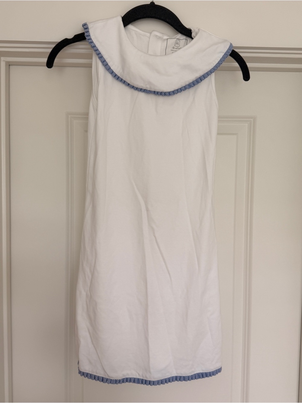 Sleeveless White Mini Dress with Blue Trim